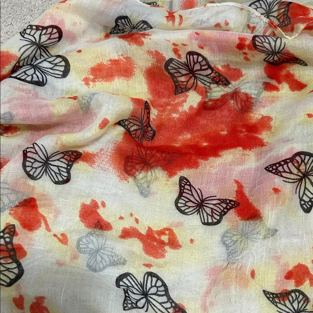 Butterfly Print Scarf with Red and Yellow Accents with scarf ring